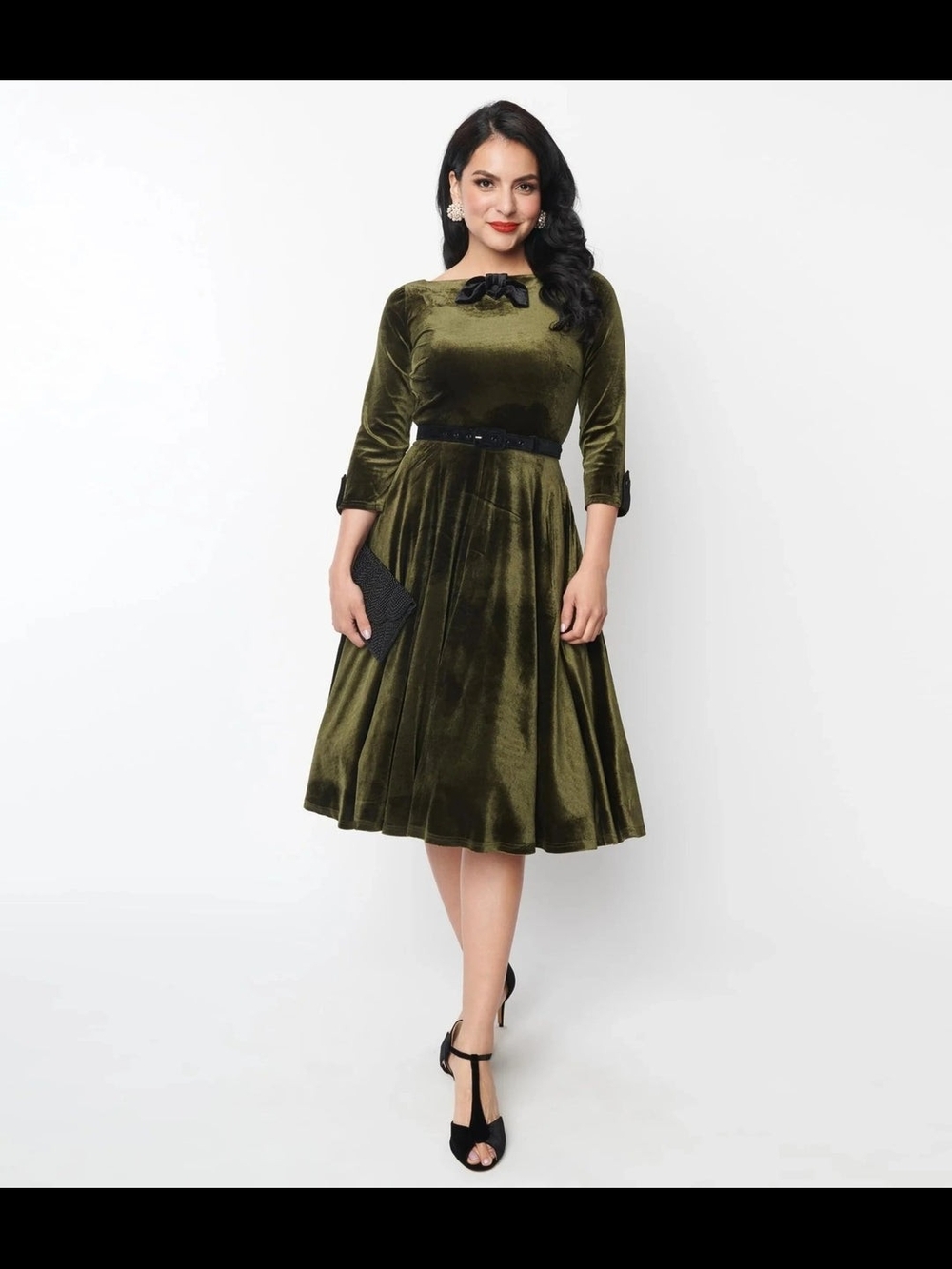 Unique Vintage Olive Green Velvet Faux Bow Devon Swing Fit & Flare Dress